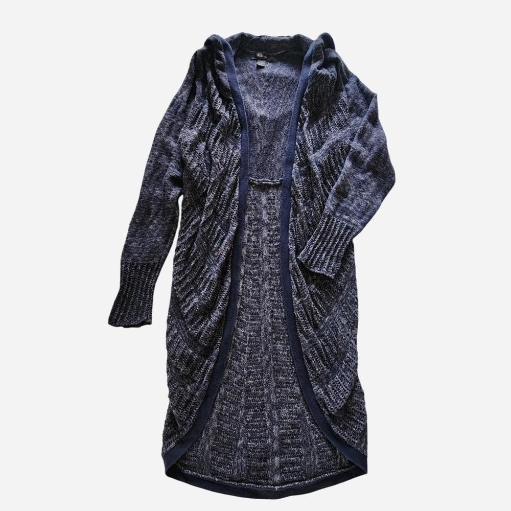 Style & Co. Boho Hooded Knitted Cardigan with Eyelets Cotton Blend Navy Blue L